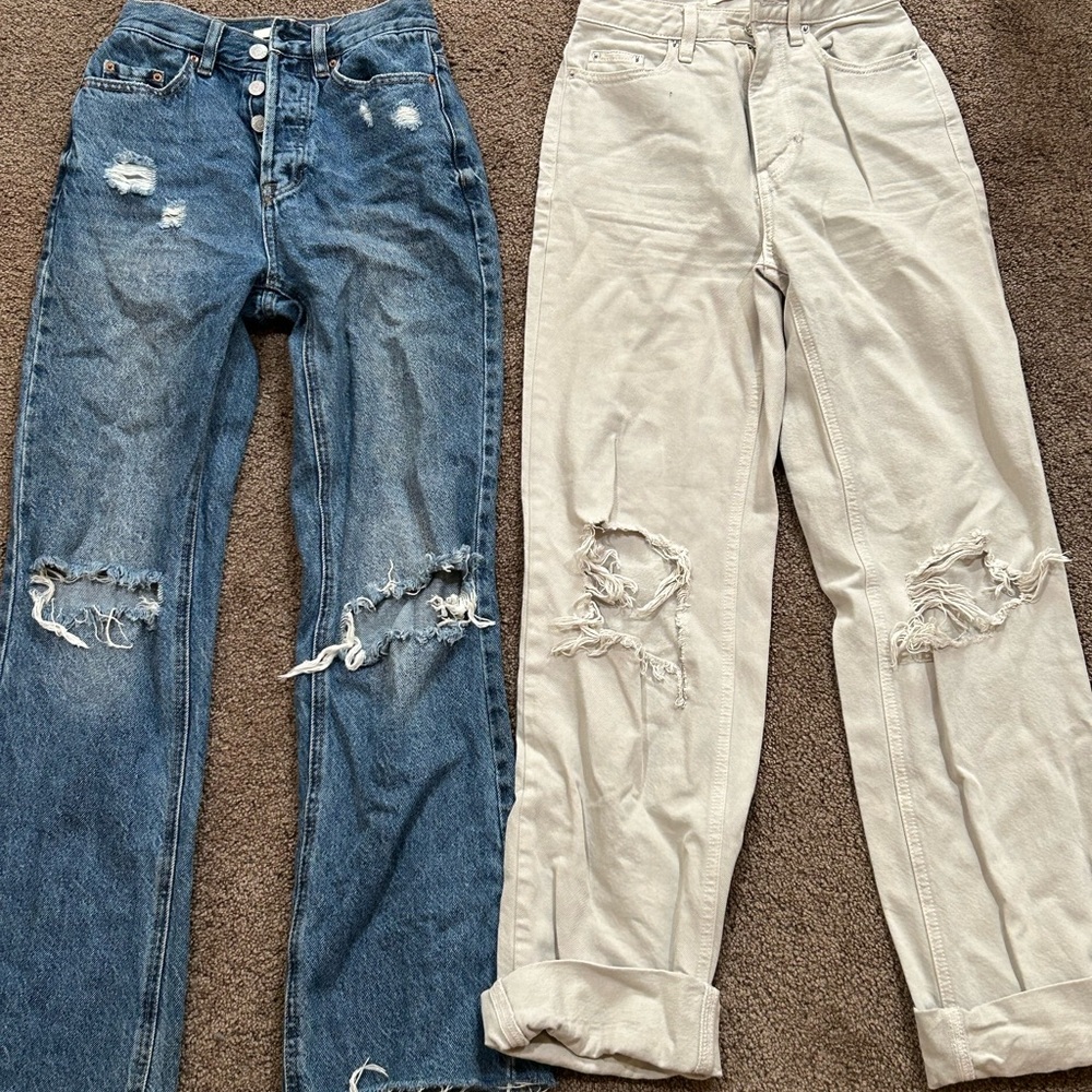 PacSun Blue and Cream Distressed Straight Leg Jeans